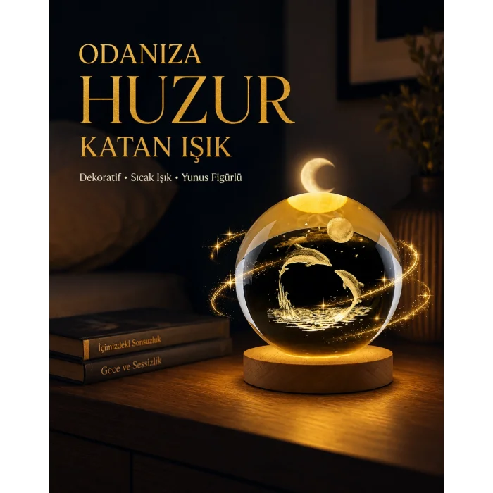 Yunus Temalı Kristal Küre USB Işıklı Ahşap Altlıklı Gece Lambası