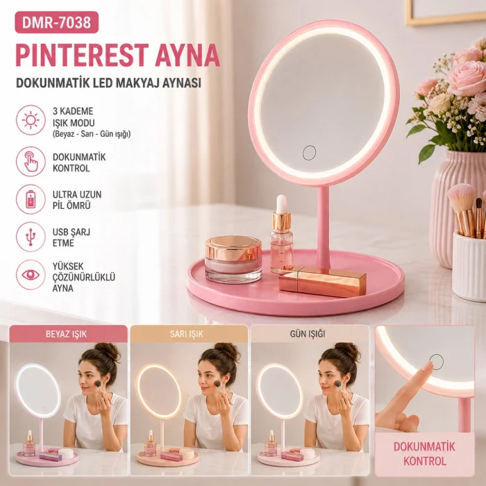 YUVARLAK  3 KADEME DOKUNMATİK LED MAKYAJ AYNASI BEYAZ-SARI-GÜNIŞIĞI (5047)