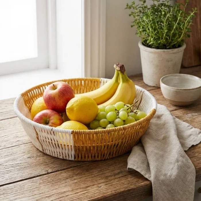 Yuvarlak Çift Renkli Plastik Rattan Ekmek ve Meyve Sepeti - Çok Amaçlı Banyo ve Mutfak Düzenleyici - Yıkanabilir Tezgâh Üstü Organizer (5047)
