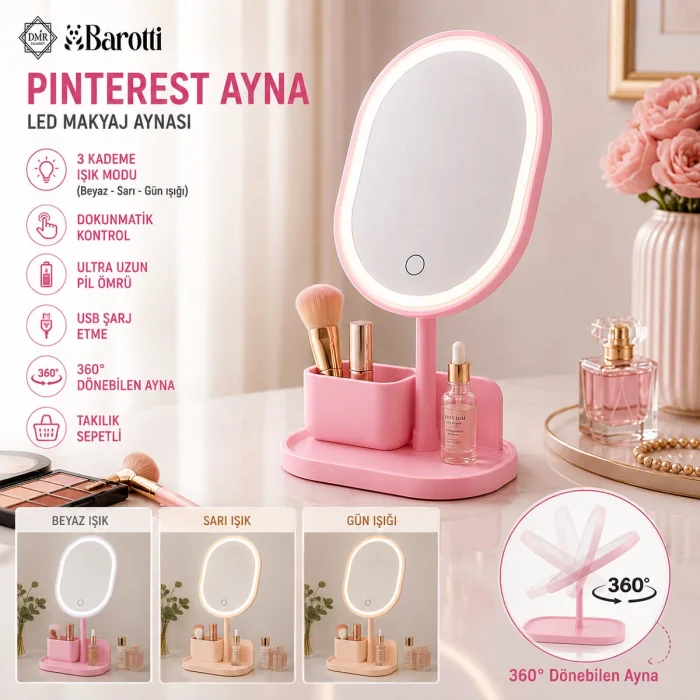 YUVARLAK- DÜZ KENAR 7 İNÇ LEDLİ - USB ŞARJLI MAKYAJ AYNASI 90°TAKILIKLI AYAKR.PLS 17.5CM (5047)