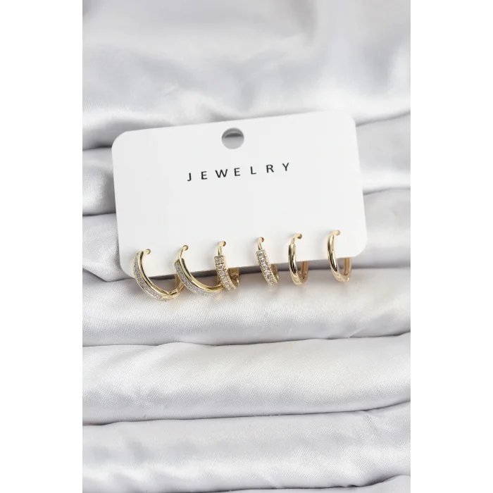 Zirkon Taşlı Gold Renk Pirinç Kadın Küpe Seti