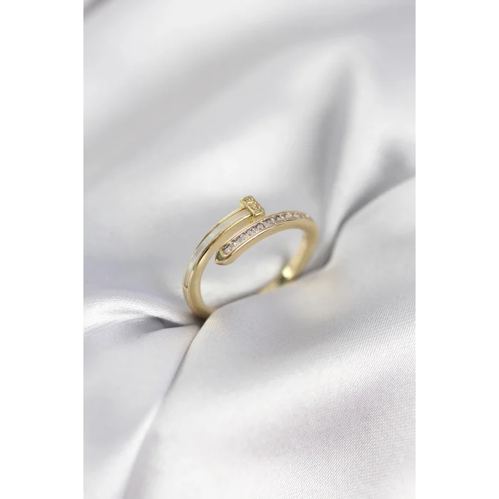 Zirkon Taşlı Gold Renk Yassı Çivi Model Kadın Yüzük