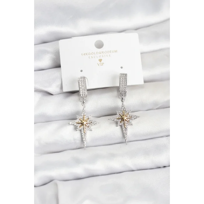 Zirkon Taşlı Gümüş Renk Pirinç Kutup Yıldızı Model Kadın Küpe