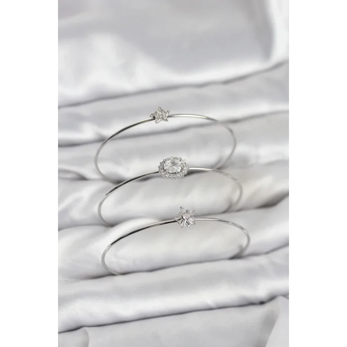 Zirkon Taşlı Gümüş Renk Tek Taş Model 3lü Kadın Bileklik Kombini