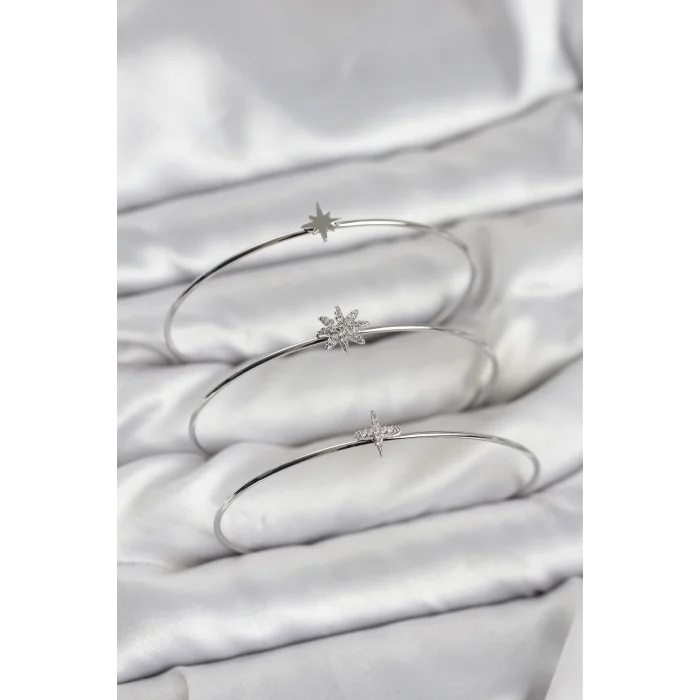 Zirkon Taşlı Kutup Yıldızı Model Gümüş Renk 3lü Kadın Bileklik Kombini