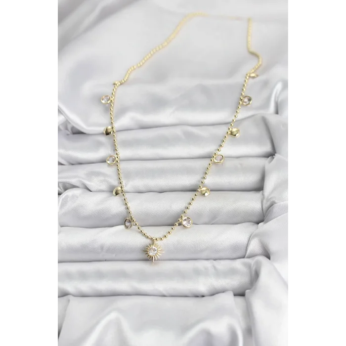 Zirkon Taşlı Kutup Yıldızı Model Pirinç Gold Renk Kadın Kolye