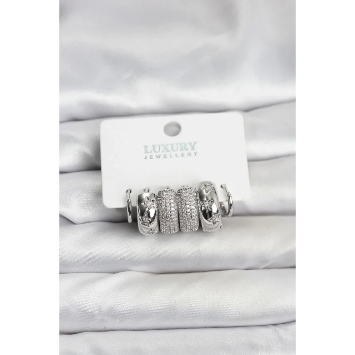 Zirkon Taşlı Pirinç Gümüş Renk Halka Kadın Küpe Seti