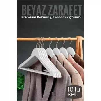10lu Lüks Beyaz Elbise Ceket Askısı - Ergonomik & Kaymaz Plastik Askı Seti -  Ahşap Görünümlü 722533