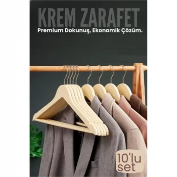 10lu Lüks Krem Elbise Ceket Askısı - Ergonomik & Kaymaz Plastik Askı Seti -  Ahşap Görünümlü