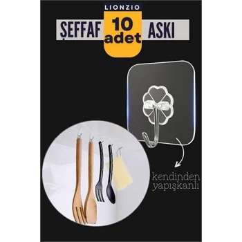 10lu Şeffaf Kendinden Yapışkanlı Güçlü Askı Kancası, Banyo Mutfak Organizer, İz Bırakmaz Pratik Askı