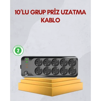 10 Prizli Uzatma Kablosu Termal Koruma USB Type-C Hızlı Şarj 2500W