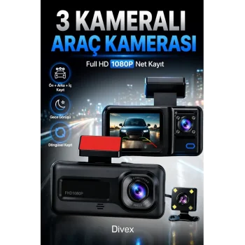 1080p Hd 3 Kameralı Araç Kamerası Ön Arka İç Kayıt Ve Park Destekli Gece Görüşlü