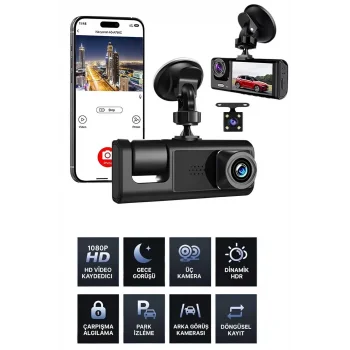 1080p Wifi Full Hd Araç Içi Kamera Arka Ön Iç Kayıt 3 Kamera Gece Görüşlü Gsensör Geniş Açı