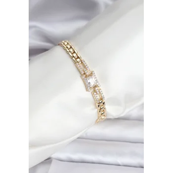 14K Gold Renk Kaplama Zirkon Kare Taşlı CM Kadın Bileklik