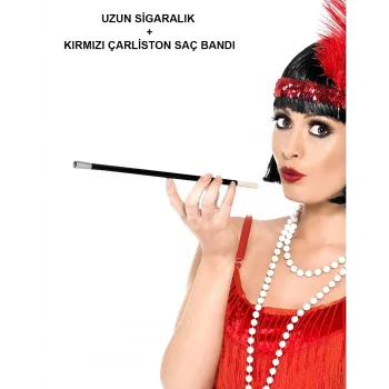 1920'ler 1990'lar Gatsby Kadın Aksesuar Seti – Kırmızı Charleston Saç Bandı ve Sigaralık (5047)