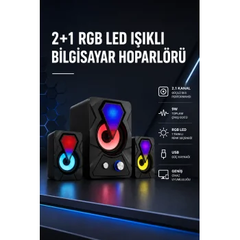 2+1 RGB LED Işıklı Güçlü Bas Sistemli Bilgisayar Hoparlörü