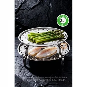 2li Set Inox Çelik Ayaklı Buharlı Pişirme Aparatı -  24+28 Cm Çok Amaçlı Tencere İçi Haşlama Standı