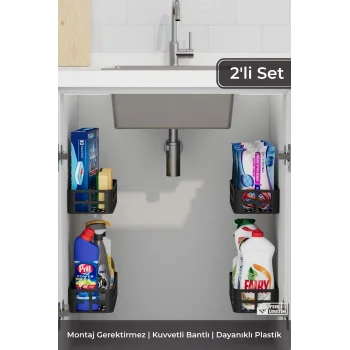 2li Yapışkanlı Evye Altı Ve Dolap İçi Düzenleyici Organizer Raf Seti