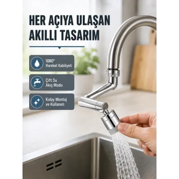 2 Modlu 1080° Dönebilen Musluk Başlığı Esnek 3 Eklemli Hareketli Tasarım