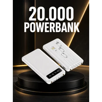 20.000mAh PD Powerbank LED Işık LCD Ekran Dahili Kablo Çoklu Giriş Yeni Nesil