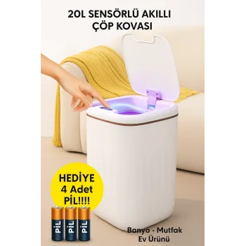 20l Sensörlü Akıllı Antibakteriyel Çöp Kovası Otomatik Kapaklı, Banyo Mutfak 4 Pil Yanında
