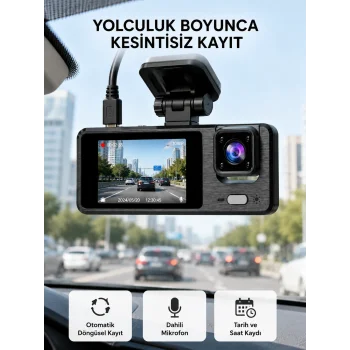 3 Kameralı Araç DVR 1080P Ön + HD Arka + İç Kamera Döngü Kayıt 2’’ Ekran