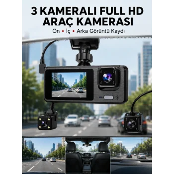 3 Kanallı Araç DVR – Ön + İç + Arka Kamera ile Tam Kapsama, Yüksek Güvenlik Yeni Nesil