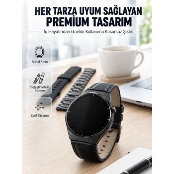 3 Kordonlu AMOLED Ekran Bluetooth Aramalı Akıllı Saat Metal, Deri ve Silikon Kordon Seti