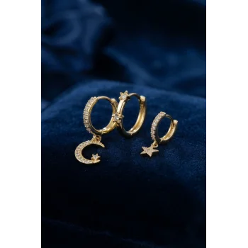 3 lü Ay ve Yıldız Model Gold Renk Set Küpe