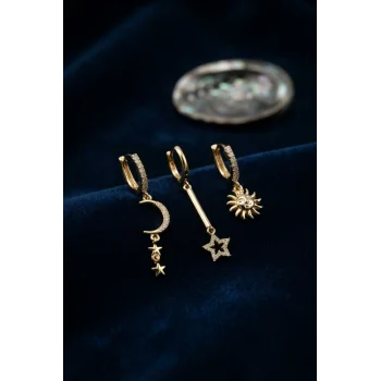 3 lü Set Ay Yıldız ve Güneş Model Gold Renk Kadın Küpe