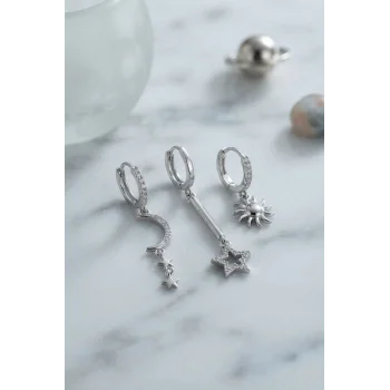 3 lü Set Ay Yıldız ve Güneş Model Gümüş Renk Kadın Küpe