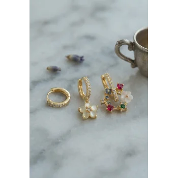 3 lü Set Gold Renk Çiçek Model Küpe