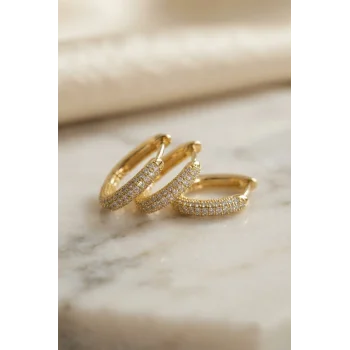 3 lü Set Gold Renk Zirkon Taşlı Kare Halka Küpe