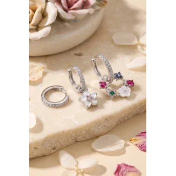 3 lü Set Gümüş Renk Çiçek Model Küpe