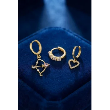 3 lü Set Küpe Gold Renk Eros Yay Detaylı