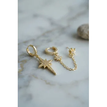 3 lü Set Küpe Gold Renk Zincir Detaylı