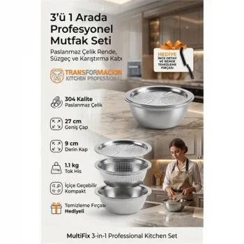 3ü 1 Arada Profesyonel Mutfak Seti - Paslanmaz Çelik Rende, Süzgeç Ve Karıştırma Kabı (27 Cm) 723296
