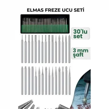 30 Parça Elmas Freze Ucu Seti - 3mm Şaft Profesyonel Gravür, Oyma ve Hassas Taşlama Seti