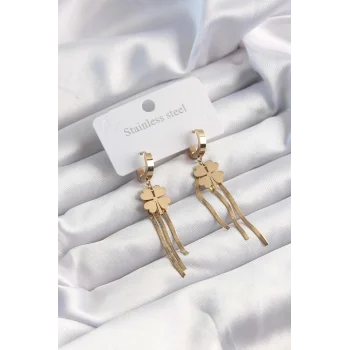 316L Çelik Altın Renk İtalyan Zincirli Yonca Model Halka Küpe