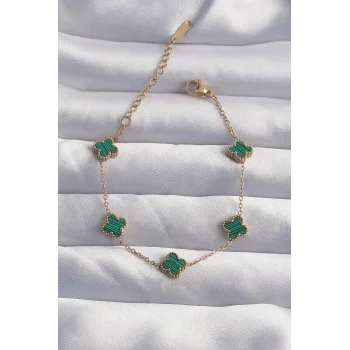 316L Çelik Baby Boy Gold Renk Çizgili Yeşil Mineli Yonca Bileklik