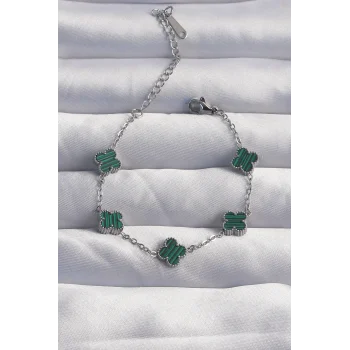 316L Çelik Baby Boy Gümüş Renk Çizgili Yeşil Mineli Yonca Bileklik