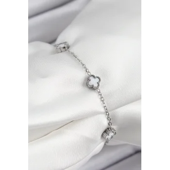 316L Çelik Beyaz Sedef Yonca Model Gümüş Renk Kadın Bileklik