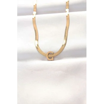 316L Çelik C Harfli Gold Renk İtalyan Zincirli Kolye