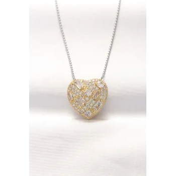316L Çelik Çift Renk Zirkon Taşlı Kalp Kolye