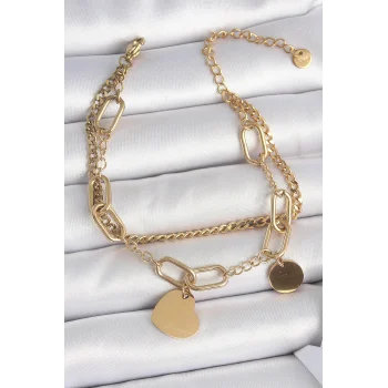 316L Çelik Gold Renk 2Li Zincir Model Sallantı Kalp Figür Kadın Bileklik