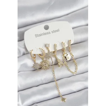 316L Çelik Gold Renk 6lı Set Charmlı Kadın Küpe