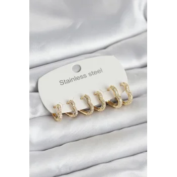 316L Çelik Gold Renk 6lı Set Kalp Form Kadın Küpe