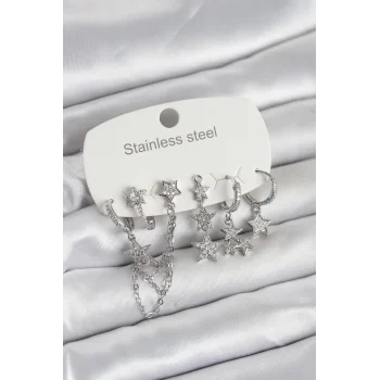 316L Çelik Gold Renk 6lı Set Zincirli Yıldız Modelli Kadın Küpe