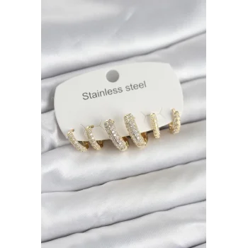 316L Çelik Gold Renk 6lı Set Zirkon Taşlı Halka Model Kadın Küpe