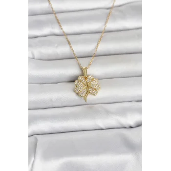 316L Çelik Gold Renk Açılabilir Yonca Model Zirkon Taşlı Kadın Kolye